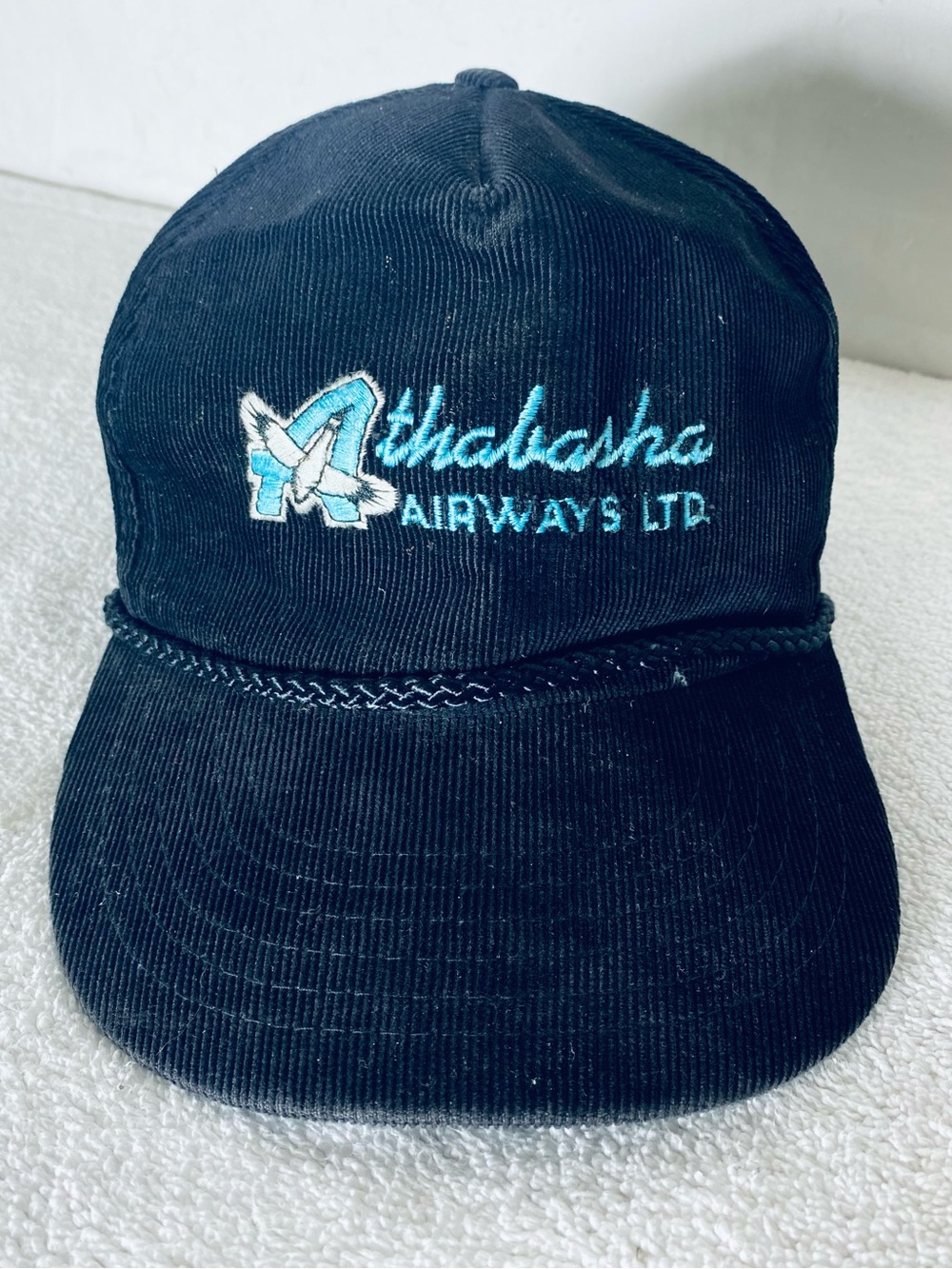 Vintage Athabasca Airways Black Corduroy Embroidered Snap Back Trucker Hat